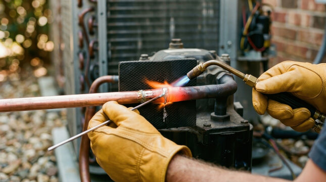 Technician brazing copper pipe with torch for air conditioning unit