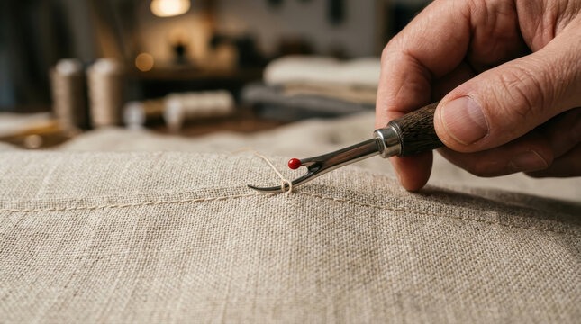 Close up of person using seam ripper to cut stitches on linen fabric