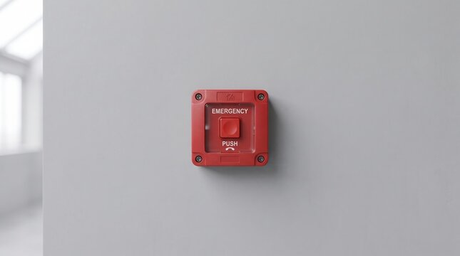 Red emergency push button with a telephone icon mounted on a blank grey wall. Concept of safety, security, alarm systems, and emergency response in commercial or industrial modern buildings.
