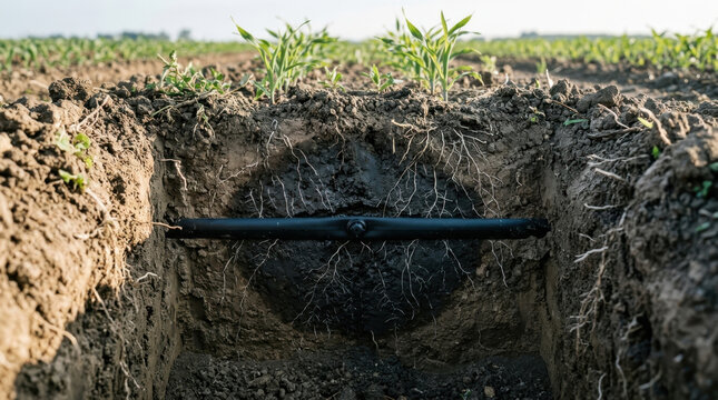 Drip irrigation pipe delivering water to crop roots underground profile
