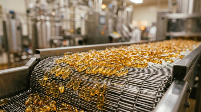 Capsules moving on a conveyor belt in a pharmaceutical factory