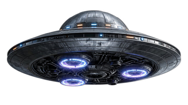 Metallic ufo spaceship saucer with glowing engine lights isolated on transparent background png for science fiction design.