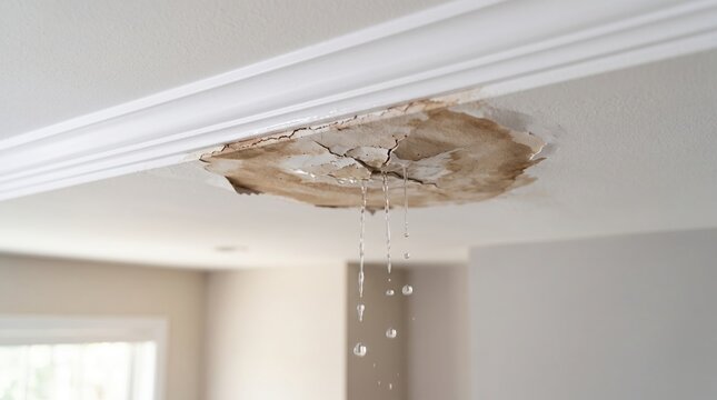 Water leaking through a damaged ceiling with peeling paint, cracks and stains inside a residential home, highlighting property damage, home repair, insurance claims and maintenance problems.