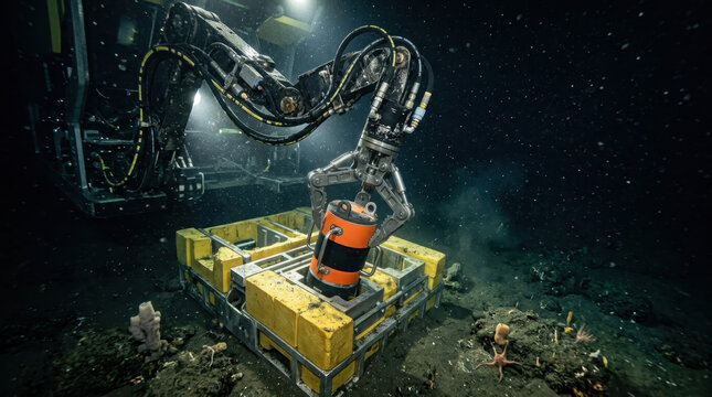 Deep sea robotic arm operating underwater machinery on ocean floor