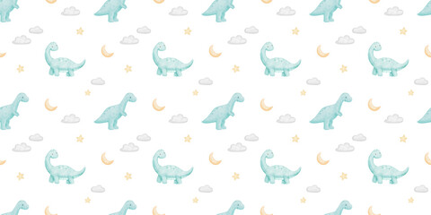 Cute baby dinosaurs watercolor seamless pattern. Repeating hand painted background for textiles and wallpaper. Backdrop with triceratops for kids, boy nursery © Elena