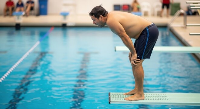 A middle-aged man standing nervously on a diving board at an indoor swimming pool, leaning forward with an anxious expression while looking down at the deep blue water before jumping.