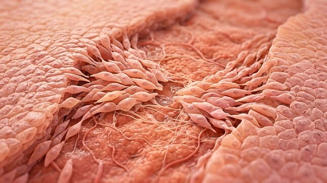 Close up view of taste buds on tongue surface for sensory biology concept.