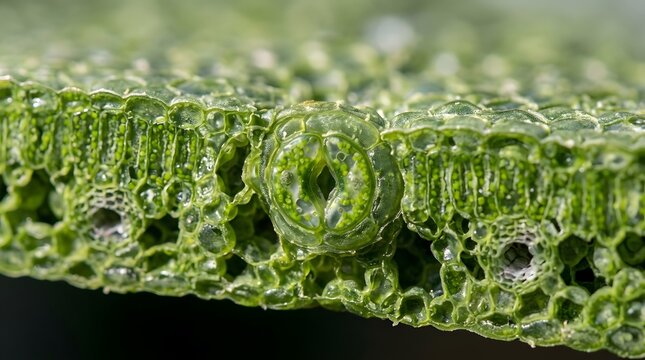 Cross section of green leaf showing stomata and cellular tissue structure under microscope for botanical research.