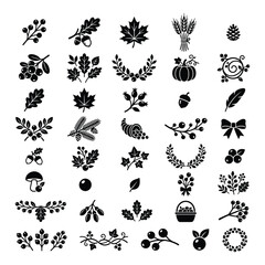 Obraz premium Vintage botanical illustrations of autumn leaves mushrooms berries and other seasonal elements on a white background