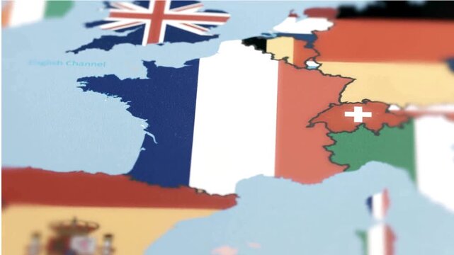 France highlighted on a world map with the French national flag, representing geography and national identity