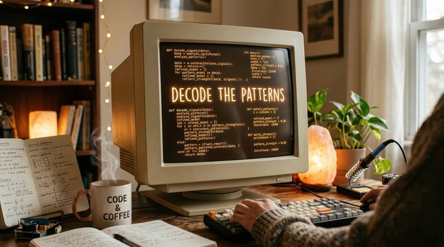 Person coding on vintage computer, decode the patterns text on screen, cozy home office setup