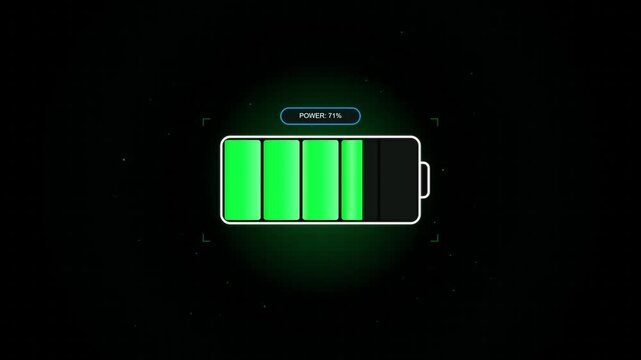 Futuristic glowing green battery charging progress UI element on a dark background