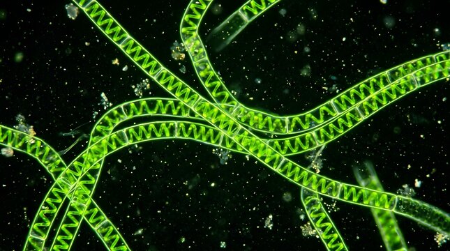 Spirogyra green algae filaments captured under microscope displaying spiral chloroplast structure and vegetative reproduction.