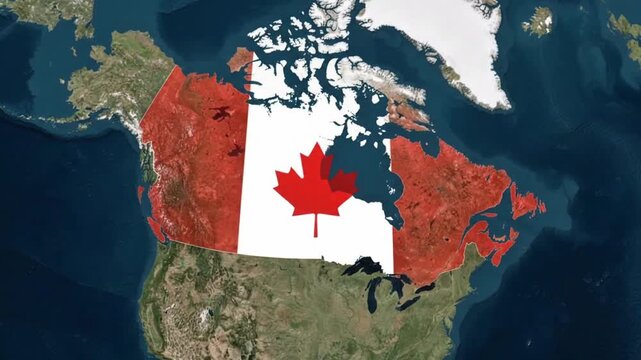 Canada map with national flag texture overlaid on satellite imagery background