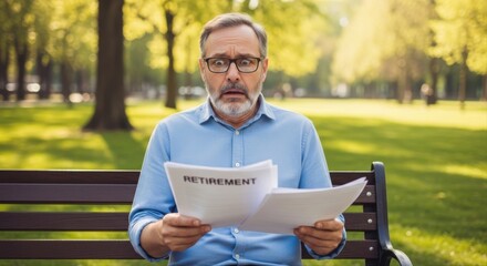 Fototapeta premium Shocked middle-aged man reading retirement documents with wide eyes and open mouth, sitting outdoors on a wooden park bench surrounded by green grass and trees, expressing financial anxiety.