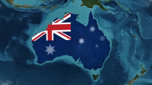 Geographic map of the Australian continent featuring the national flag design layered over satellite imagery of the Pacific Ocean region