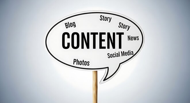 Content word cloud on speech bubble with stick on gray background