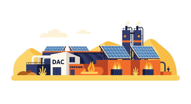 Direct Air Capture (DAC) Carbon Removal Plant with Solar Panels Illustration
