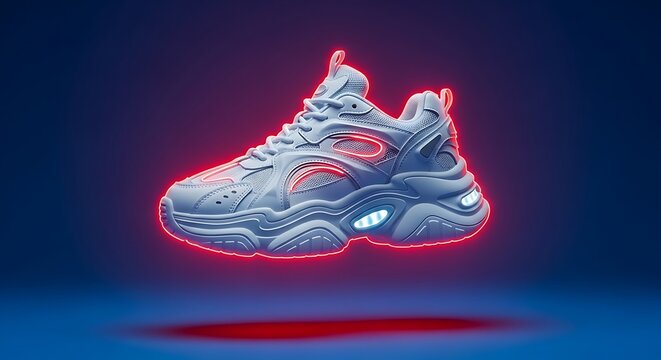 Futuristic glowing sneaker with red light on a dark blue surface