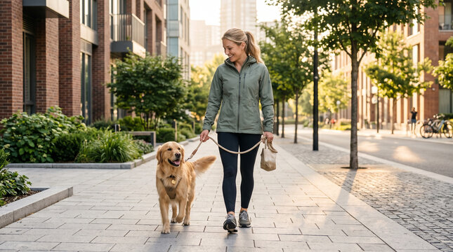 Young woman walking a golden retriever dog on a city sidewalk  