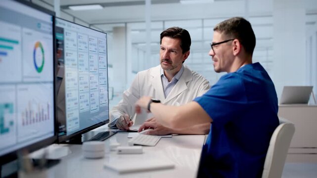 Healthcare Manager Reviews Patient Intake Data On Computer