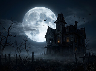 Fototapeta premium Spooky Haunted House Under Full Moon with Bats on Halloween Night