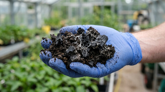 Gloved hand holding biochar soil amendment with beneficial mycorrhizae