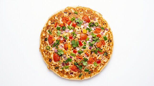 Delicious Vegetable Uttapam Indian Savory Pancake Topped with Fresh Tomatoes Onions and Peppers