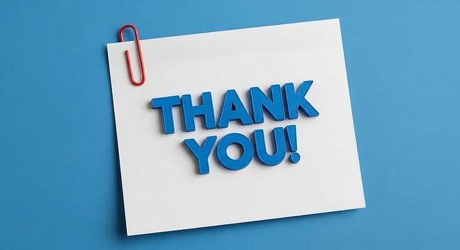 Thank you note with blue three dimensional text and red paperclip