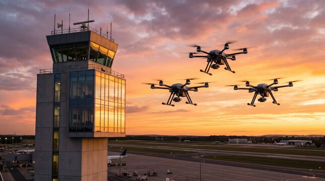 Air traffic control tower at sunset with multiple drones flying in the sky above the airport runway