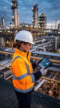 Female engineer in hard hat using a tablet with data analytics in front of a large industrial refinery plant