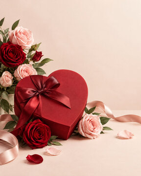 Romantic heart shaped gift box with satin ribbon, red and pink roses arrangement, love concept background for valentine day