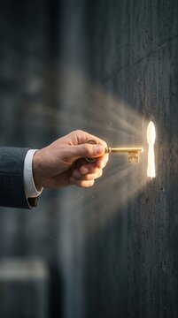 Businessman hand inserting a vintage golden key into a glowing keyhole on a dark concrete wall