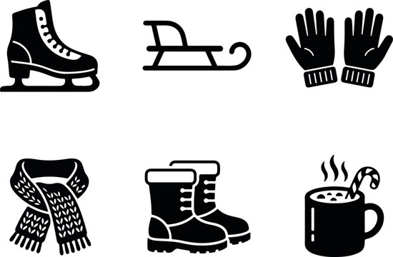 Gardening Tools and Winter Footwear Vector Set with Skates, Boots, Fashion Icons and Vintage Outdoor Equipment Illustrations