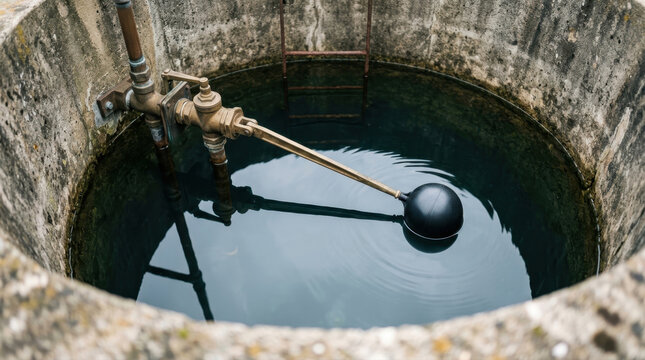 Old stone water well with metal valve mechanism and float ball system