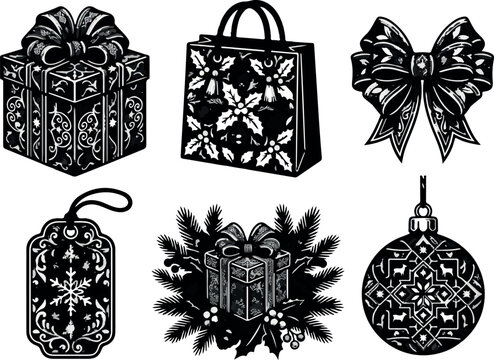 Vintage Christmas Gift Icons, Black and White Linocut Holiday Present Clipart Set