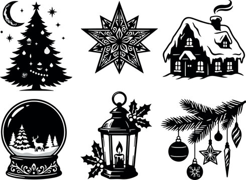 Vintage Christmas icons set, black winter holiday silhouettes, 6 festive vector elements