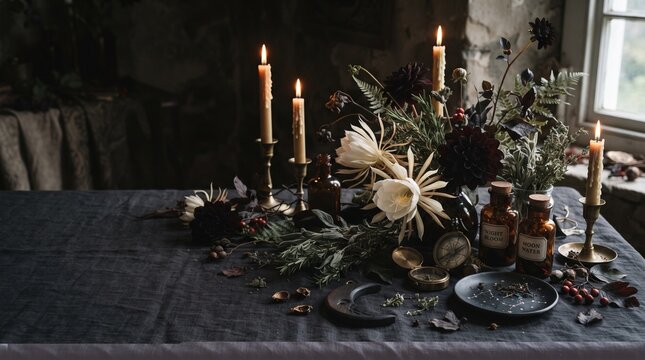 Mystical Moonflower Botanical Still Life with Candlelight for Halloween