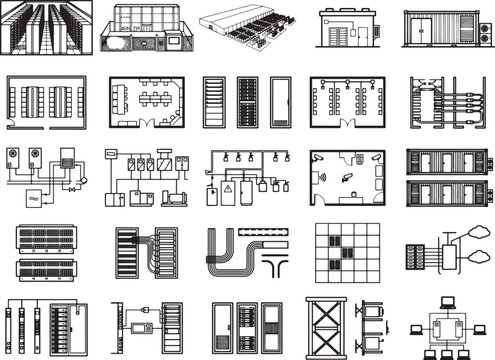 A collection of technical drawings and schematics, showcasing various industrial and architectural designs, including floor plans, electrical diagrams, and structural elements.