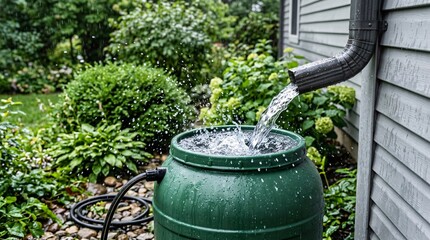 Obraz premium Rainwater cascades from a metal gutter downspout into a large green plastic barrel, droplets splashing mid-air beside wet house siding
