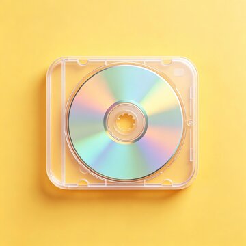 Vintage compact disc in clear plastic case on bright yellow background top view retro nostalgic 90s technology digital media storage concept