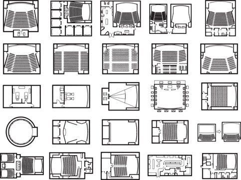 A collection of architectural blueprints displays various seating arrangements and room layouts, likely for auditoriums or theaters, showcasing detailed floor plans in a top-down perspective.