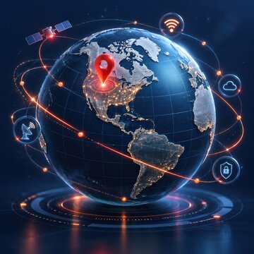 Global Connectivity: A digital representation of Earth, encircled by glowing orbits and abstract technology icons, symbolizing worldwide communication, data transfer.