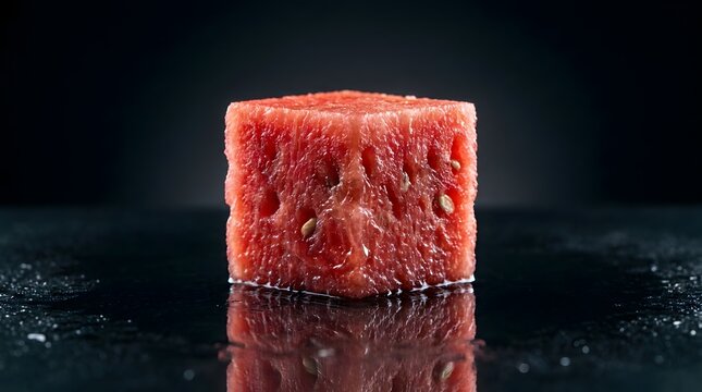 Fresh juicy watermelon cube piece reflecting on a dark black surface