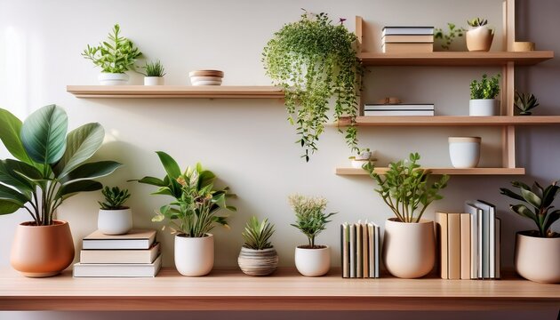 close up zoom virtual background cozy minimalist home decor shelves displaying houseplants and books cozy interior backdrop living room background virtual meetings