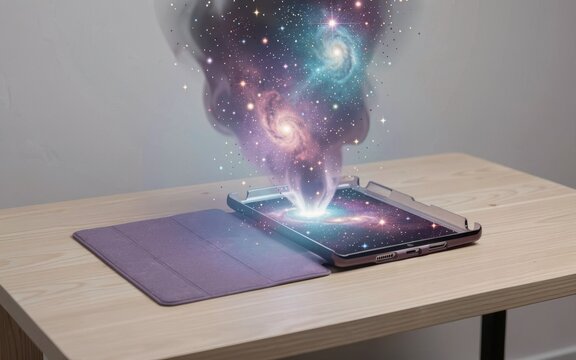 Cosmic galaxy rising out of a tablet computer screen