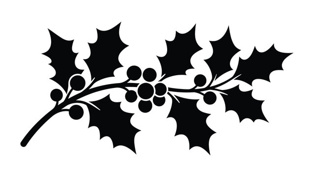 Holly Branch Silhouette: A stark black silhouette of a holly branch with pointed leaves and clusters of berries, symbolizing the winter season and festive holidays.