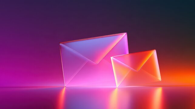 Glowing transparent envelopes on a reflective surface with a vivid duotone gradient backdrop