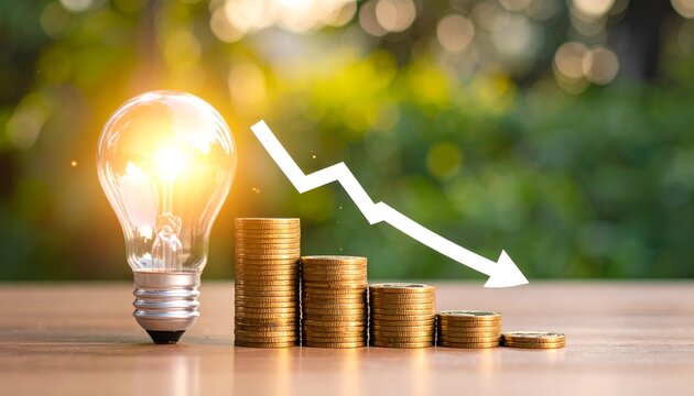 Illuminated light bulb beside declining gold coin stacks and a white downward arrow, symbolizing reduced wealth, falling investments, economic decline, and market losses.
