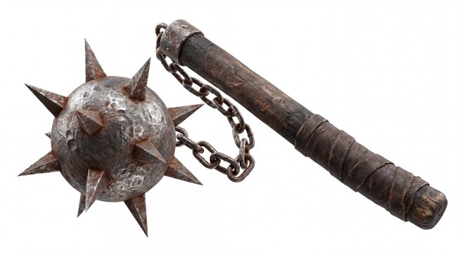 A detailed view of a medieval flail weapon featuring a spiked iron ball connected by a metal chain.